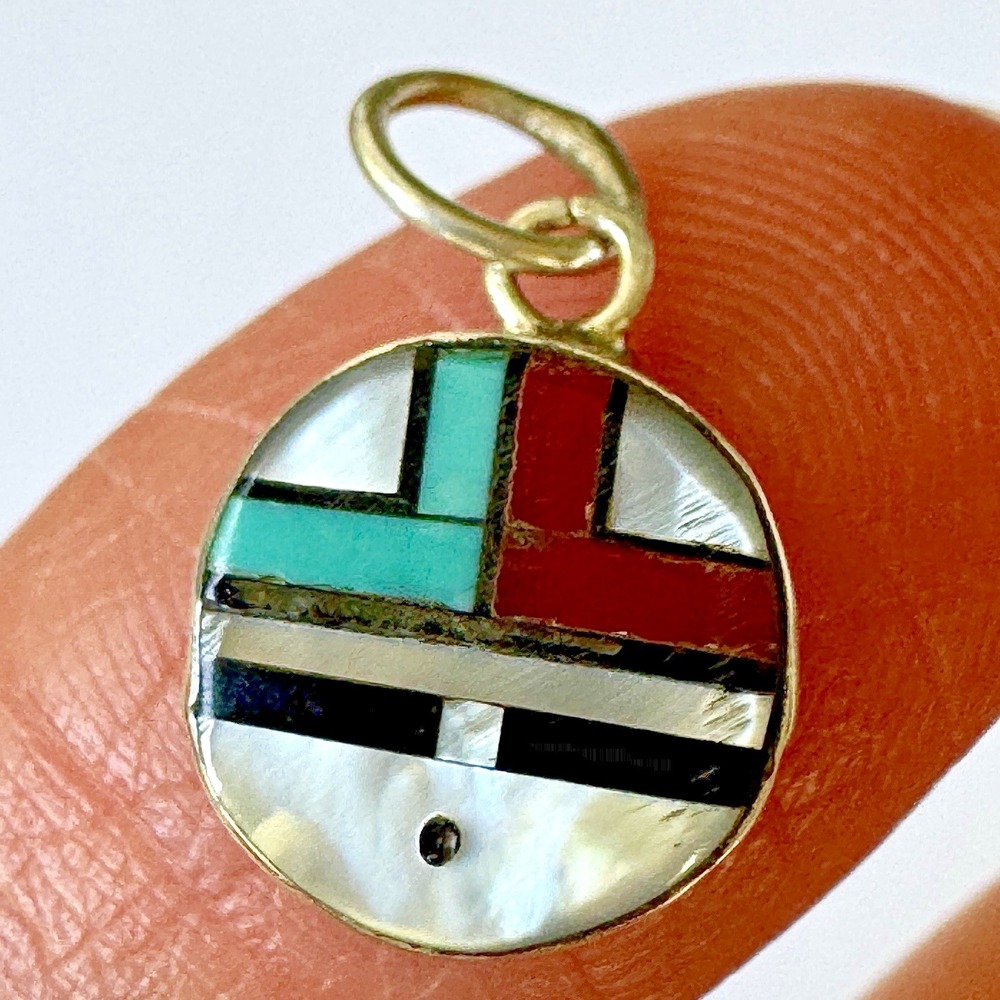 Zuni Sunface Pendant Turquoise Inlay Coral Multi Stone Sterling Dainty Native Am